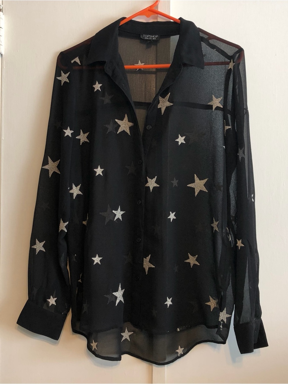 Topshop Black Sheer Star Print Button-Down Shirt